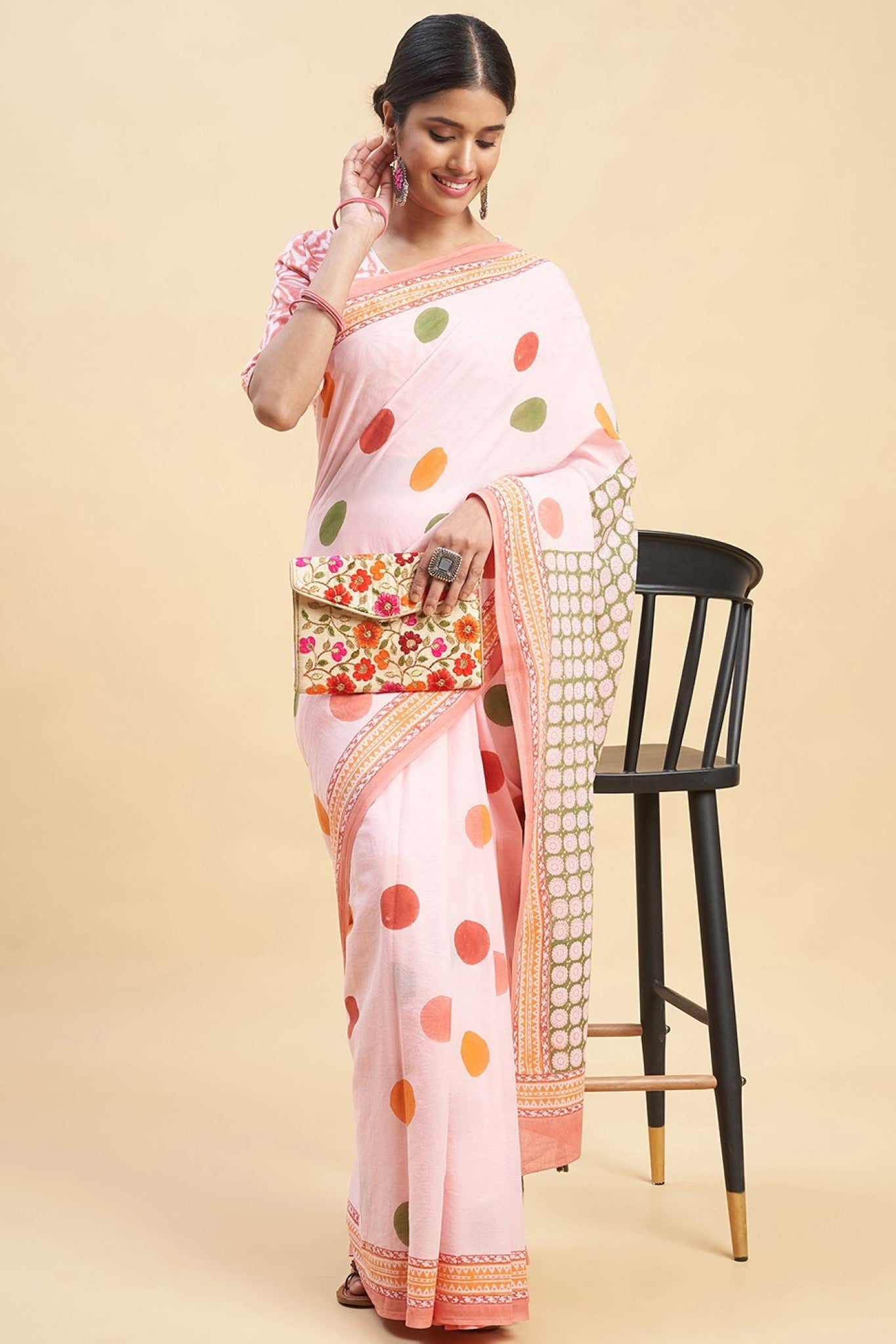 "Ocean Pink Pearls'' Block Printed Cotton Saree - SootiSyahi