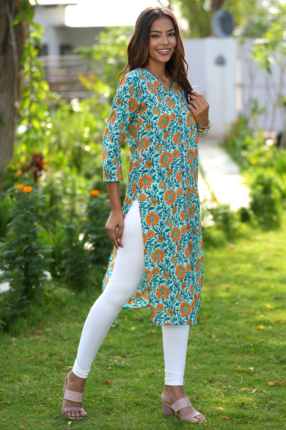 Orange-infused Verde Handblock Printed Cotton Kurti - SootiSyahi