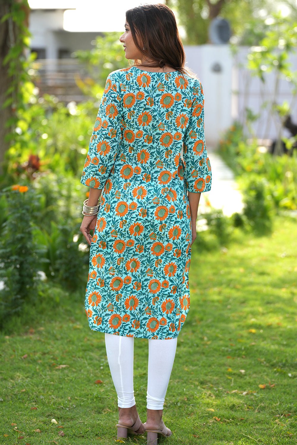 Orange-infused Verde Handblock Printed Cotton Kurti - SootiSyahi