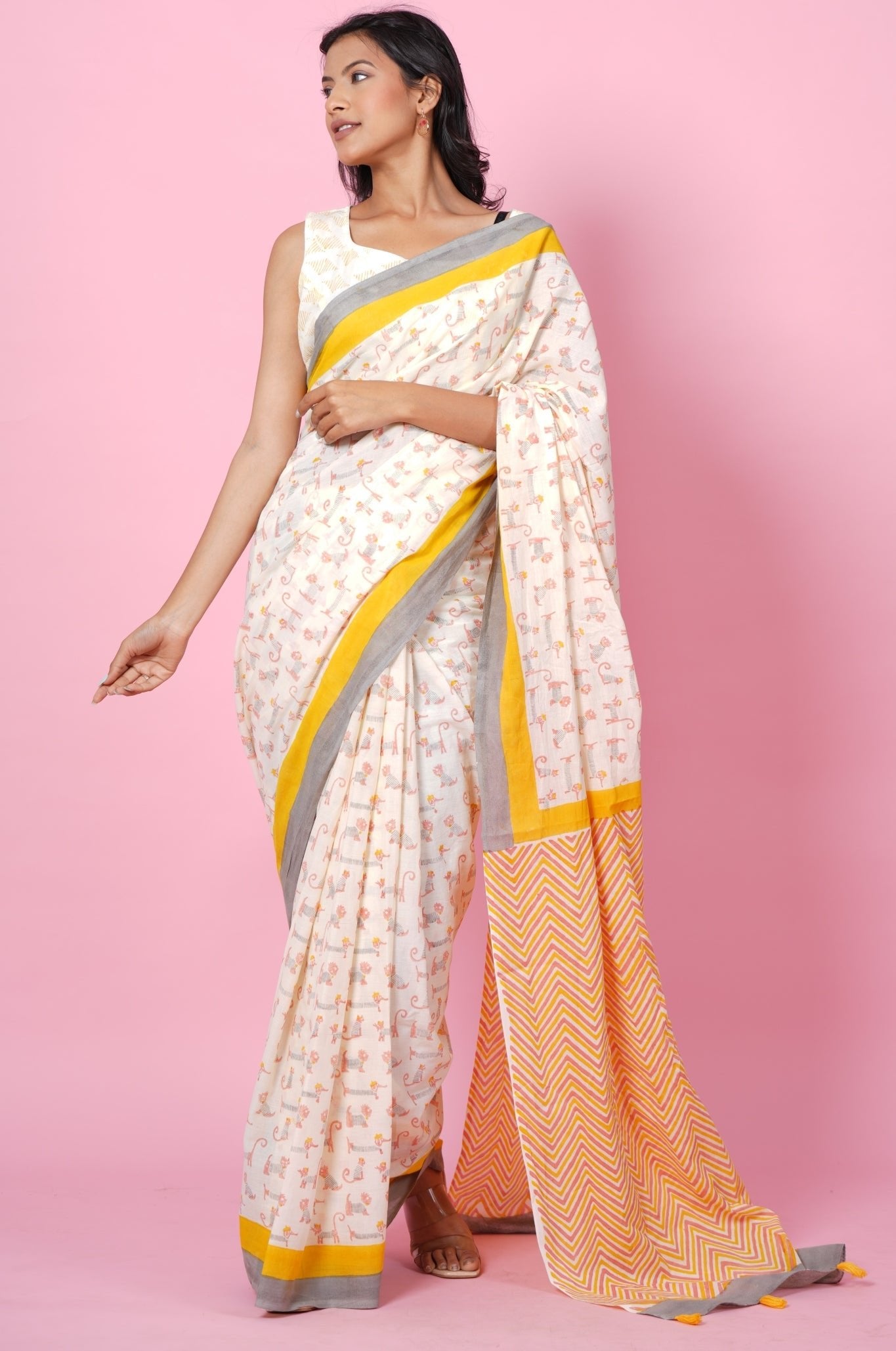 "Orange Kittens" HANDBLOCK PRINT MUL COTTON SAREE - SootiSyahi