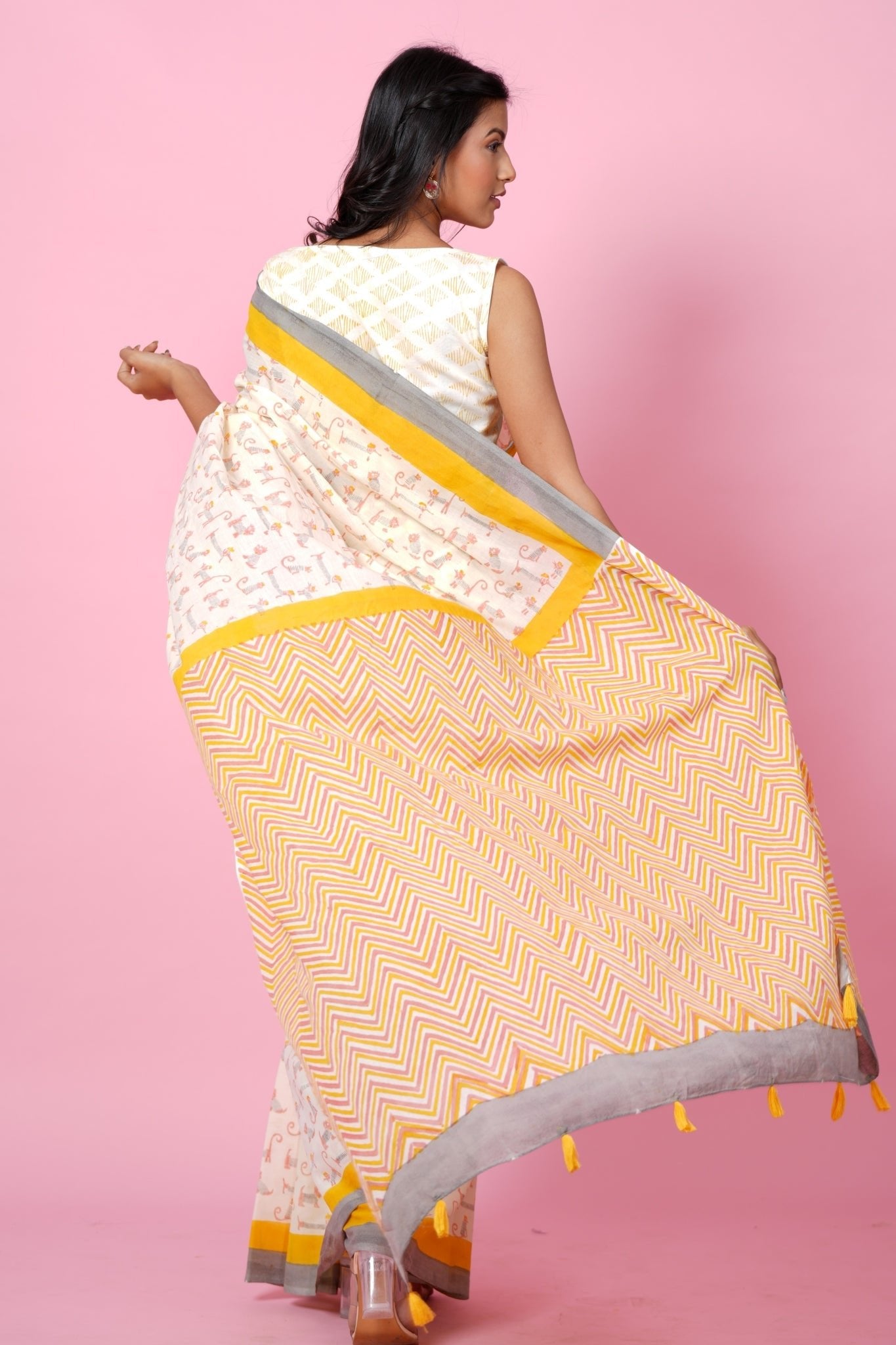 "Orange Kittens" HANDBLOCK PRINT MUL COTTON SAREE - SootiSyahi