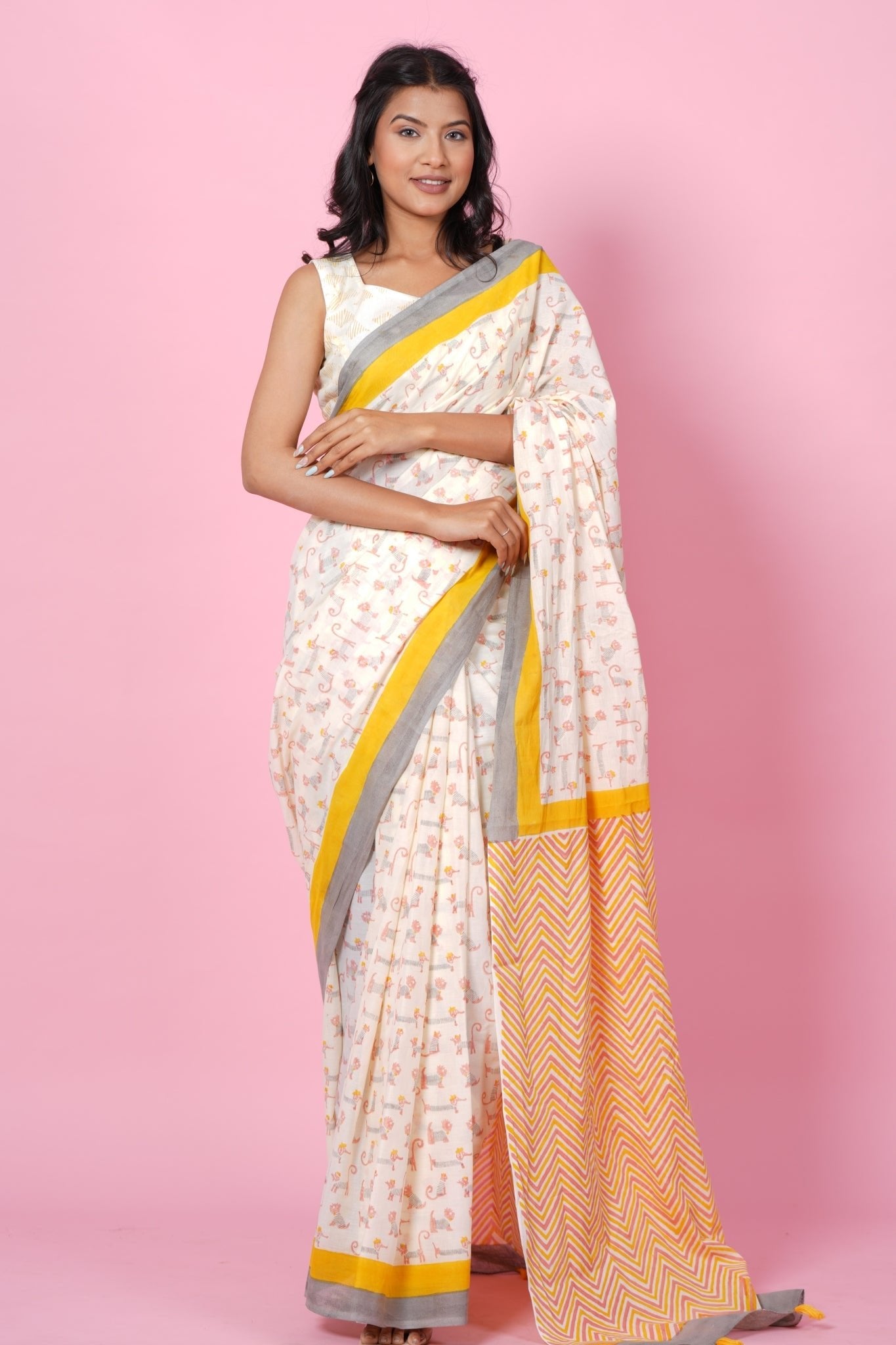 "Orange Kittens" HANDBLOCK PRINT MUL COTTON SAREE - SootiSyahi