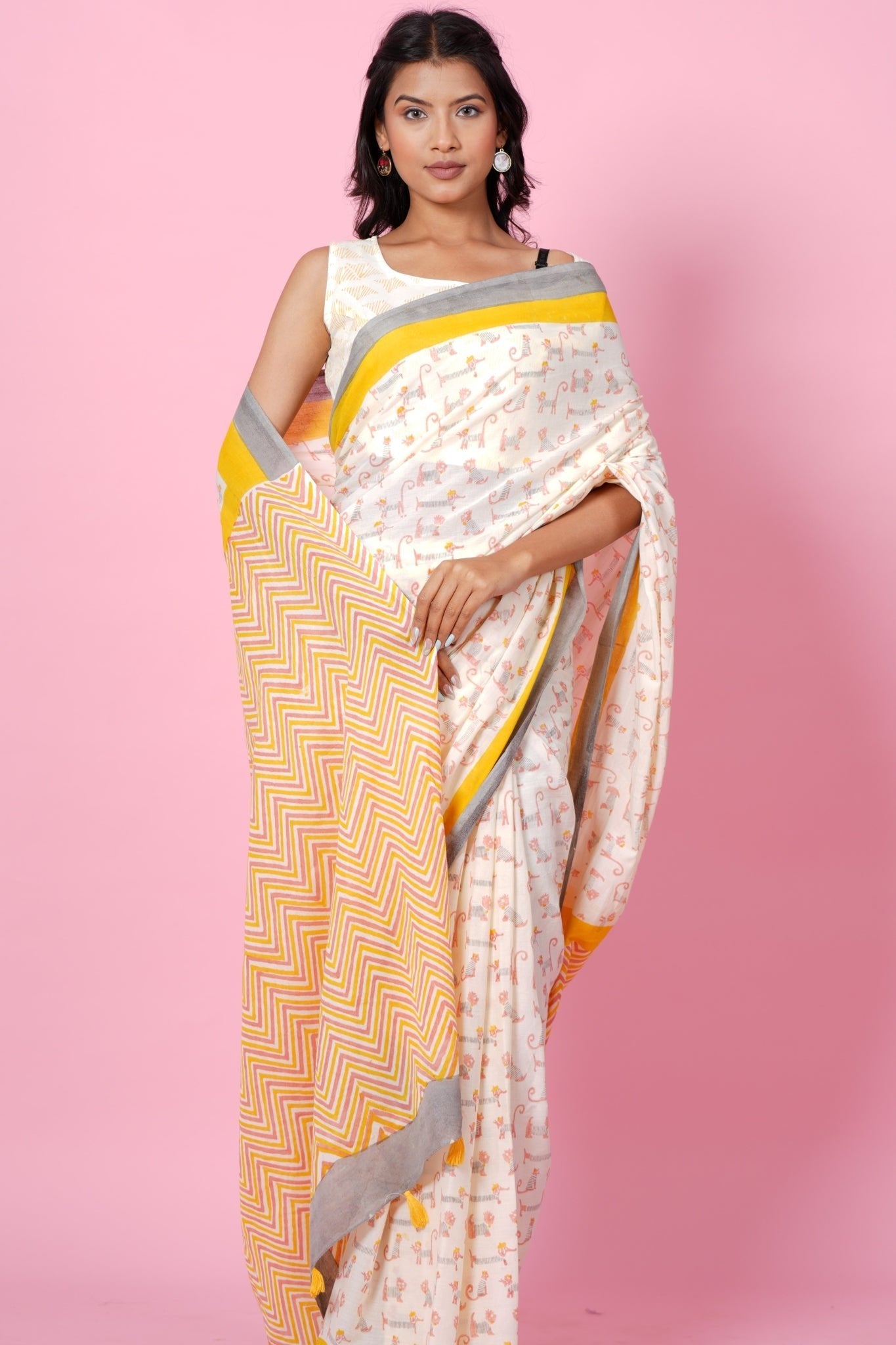 "Orange Kittens" HANDBLOCK PRINT MUL COTTON SAREE - SootiSyahi