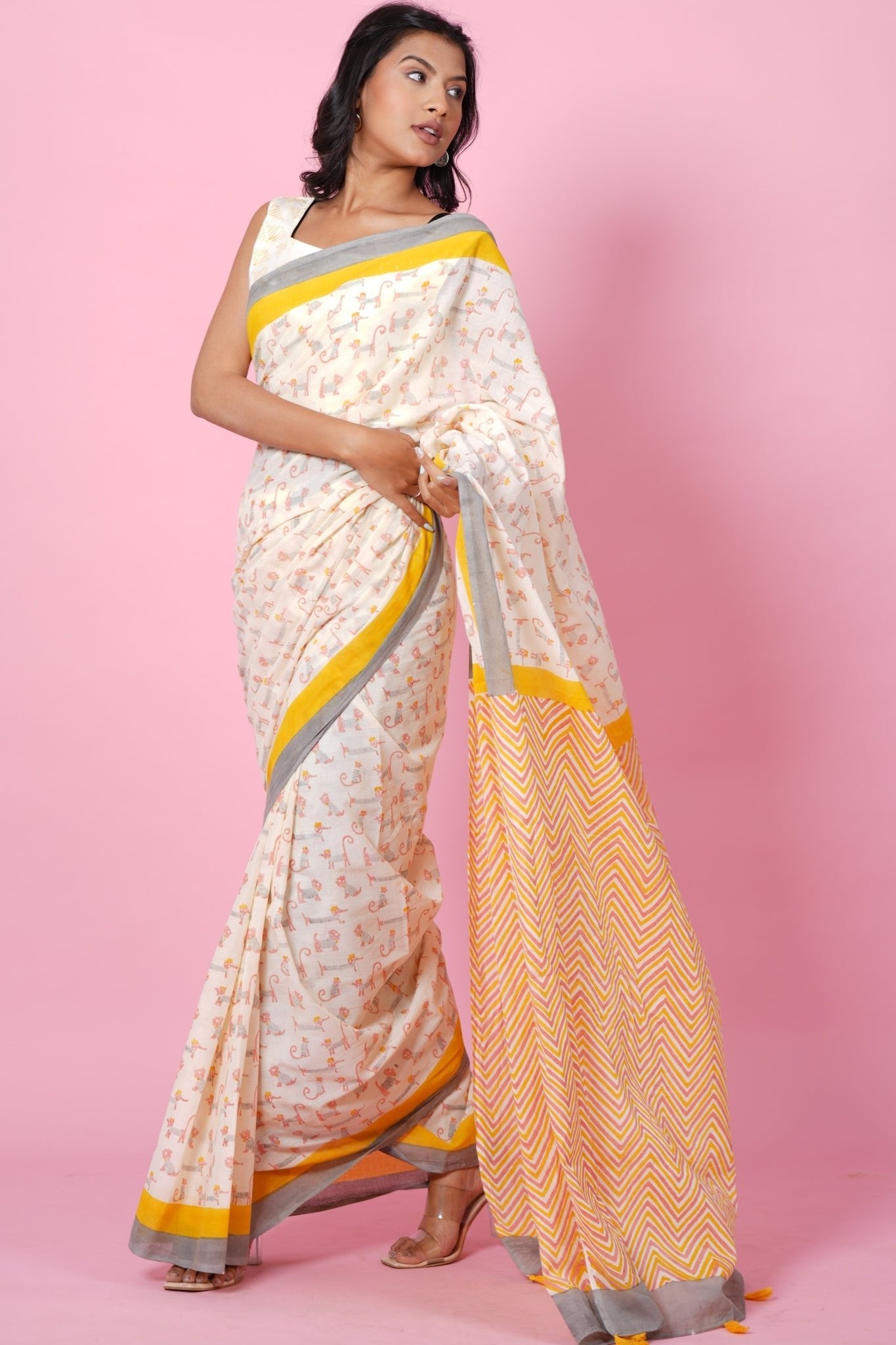"Orange Kittens" HANDBLOCK PRINT MUL COTTON SAREE - SootiSyahi