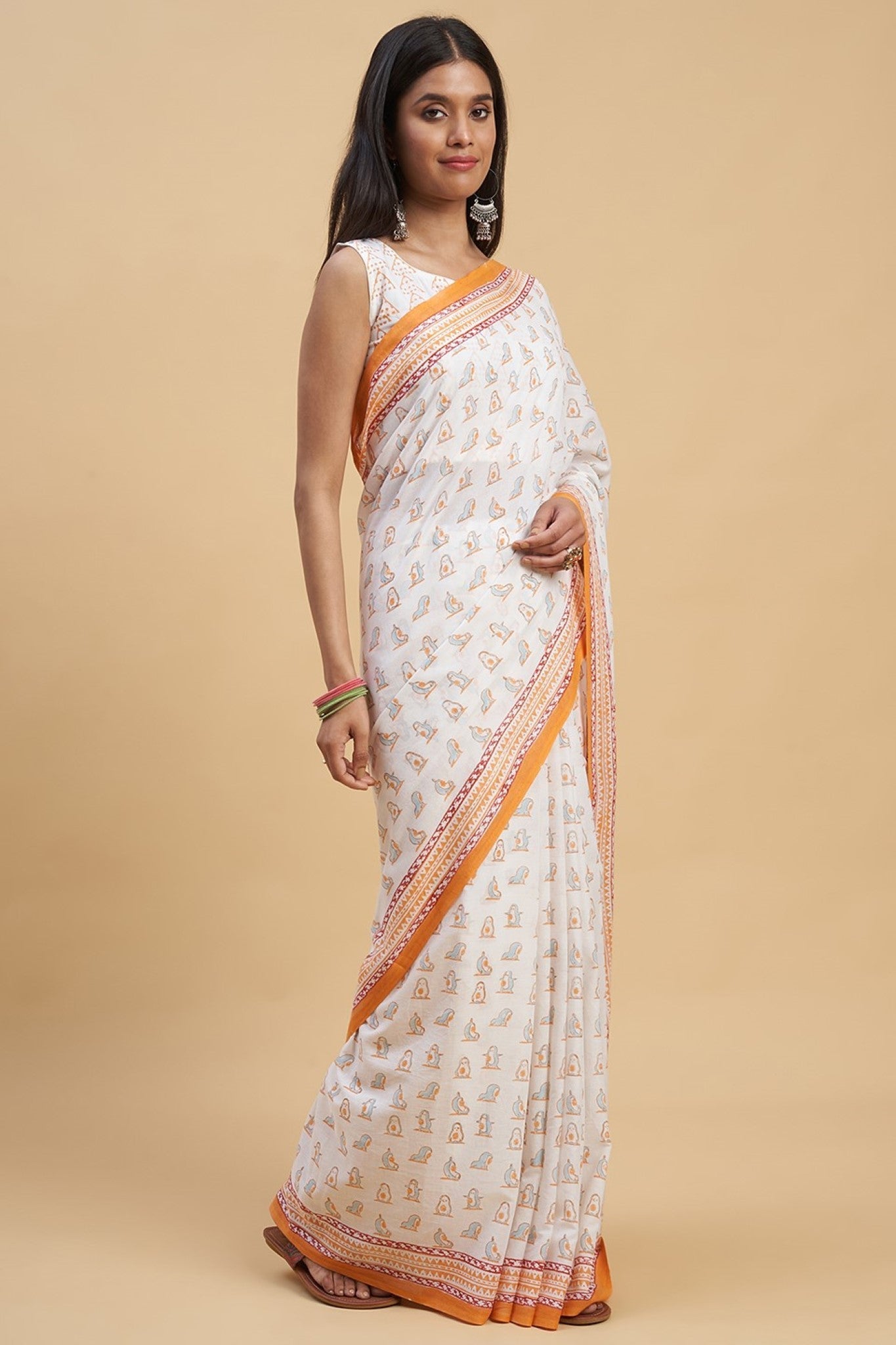 "Orange Penguins" HANDBLOCK PRINT MUL COTTON SAREE - SootiSyahi