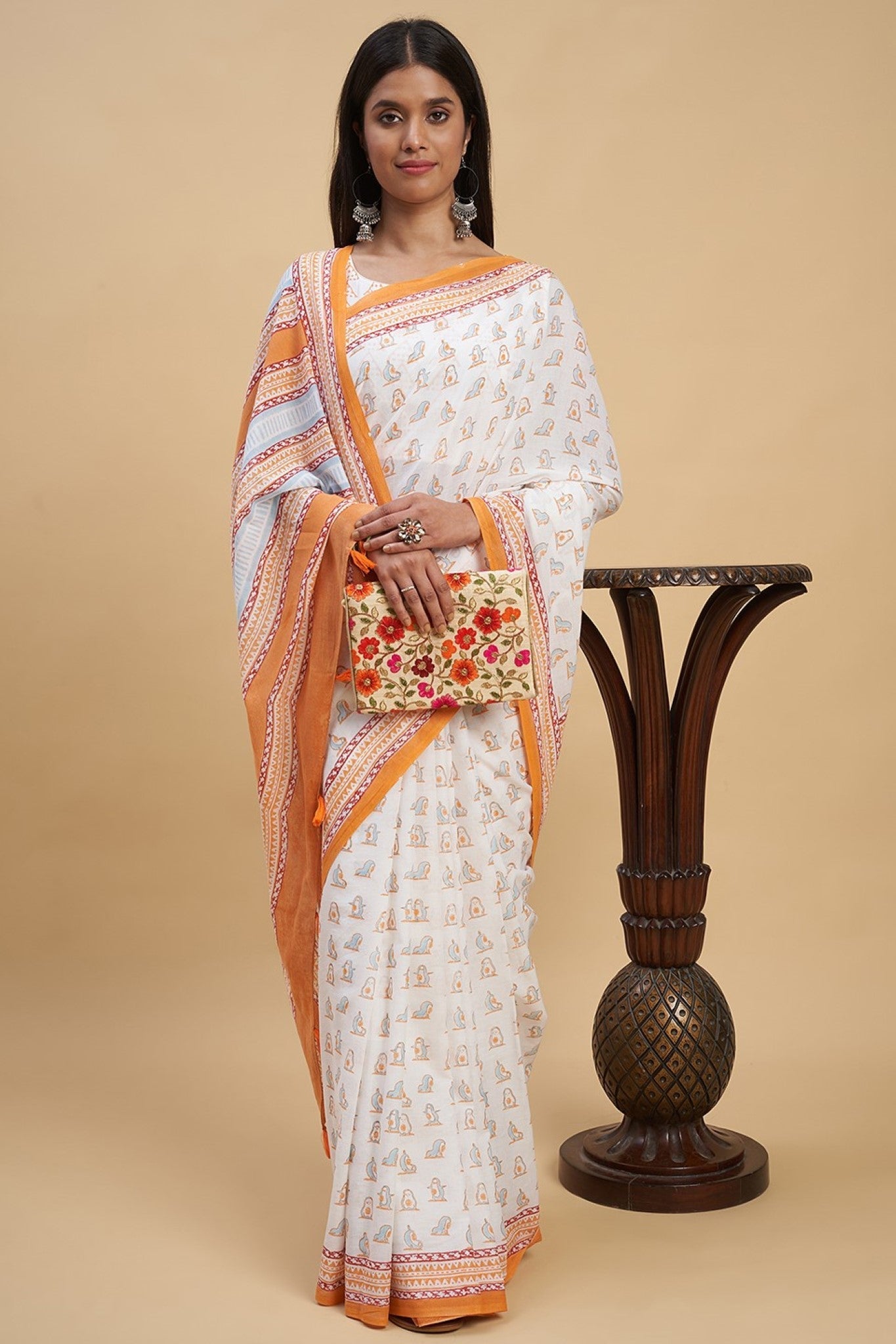 "Orange Penguins" HANDBLOCK PRINT MUL COTTON SAREE - SootiSyahi