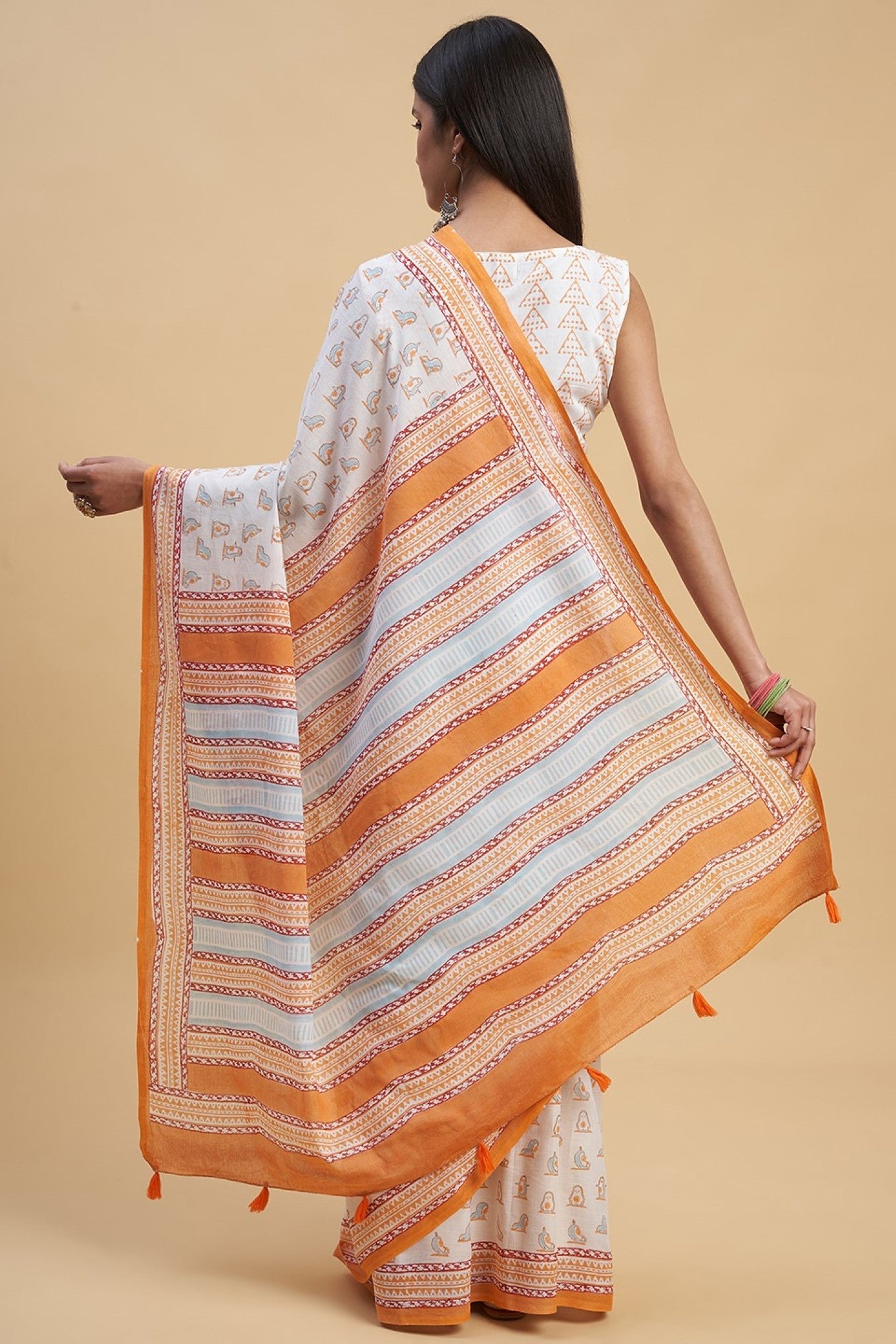 "Orange Penguins" HANDBLOCK PRINT MUL COTTON SAREE - SootiSyahi