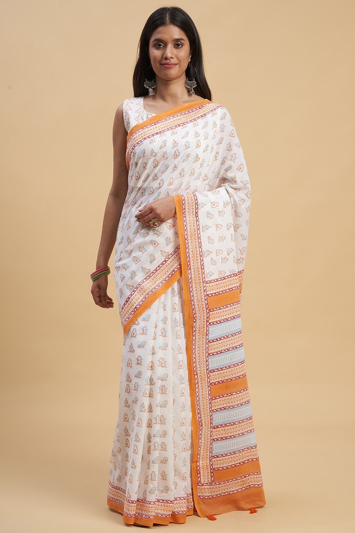 "Orange Penguins" HANDBLOCK PRINT MUL COTTON SAREE - SootiSyahi