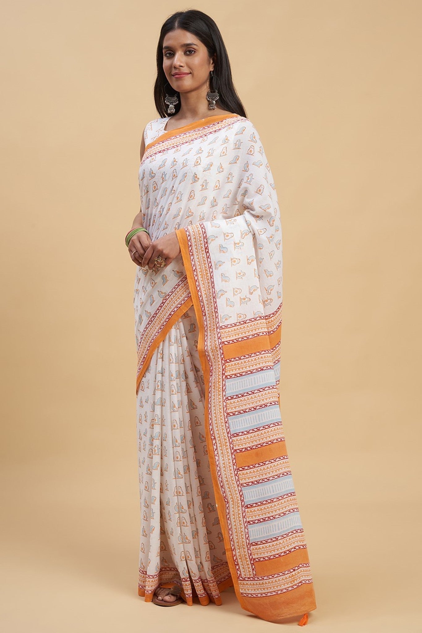 "Orange Penguins" HANDBLOCK PRINT MUL COTTON SAREE - SootiSyahi