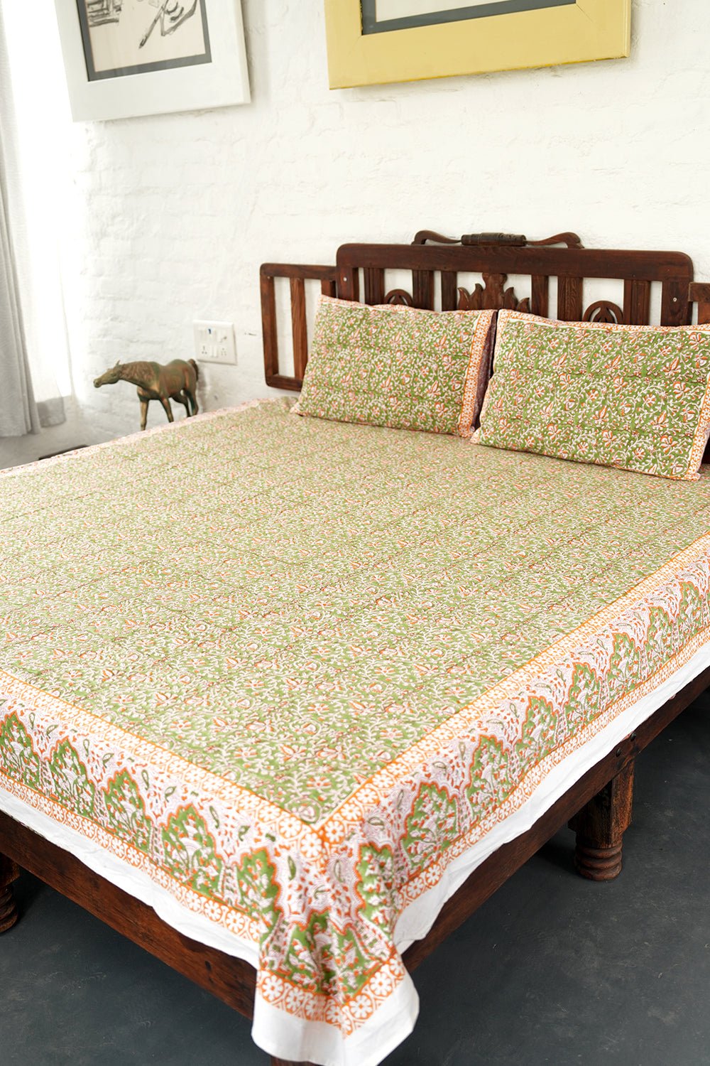 Papaya Meadowland Hand-Block Printed Bedsheet - SootiSyahi