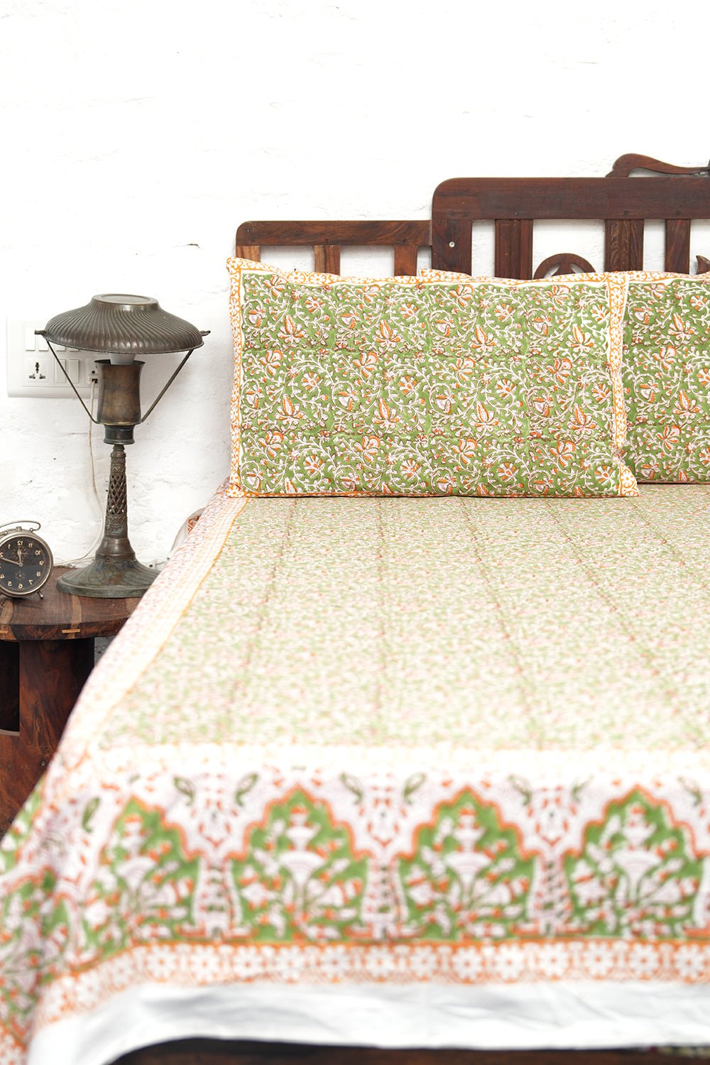 Papaya Meadowland Hand-Block Printed Bedsheet - SootiSyahi
