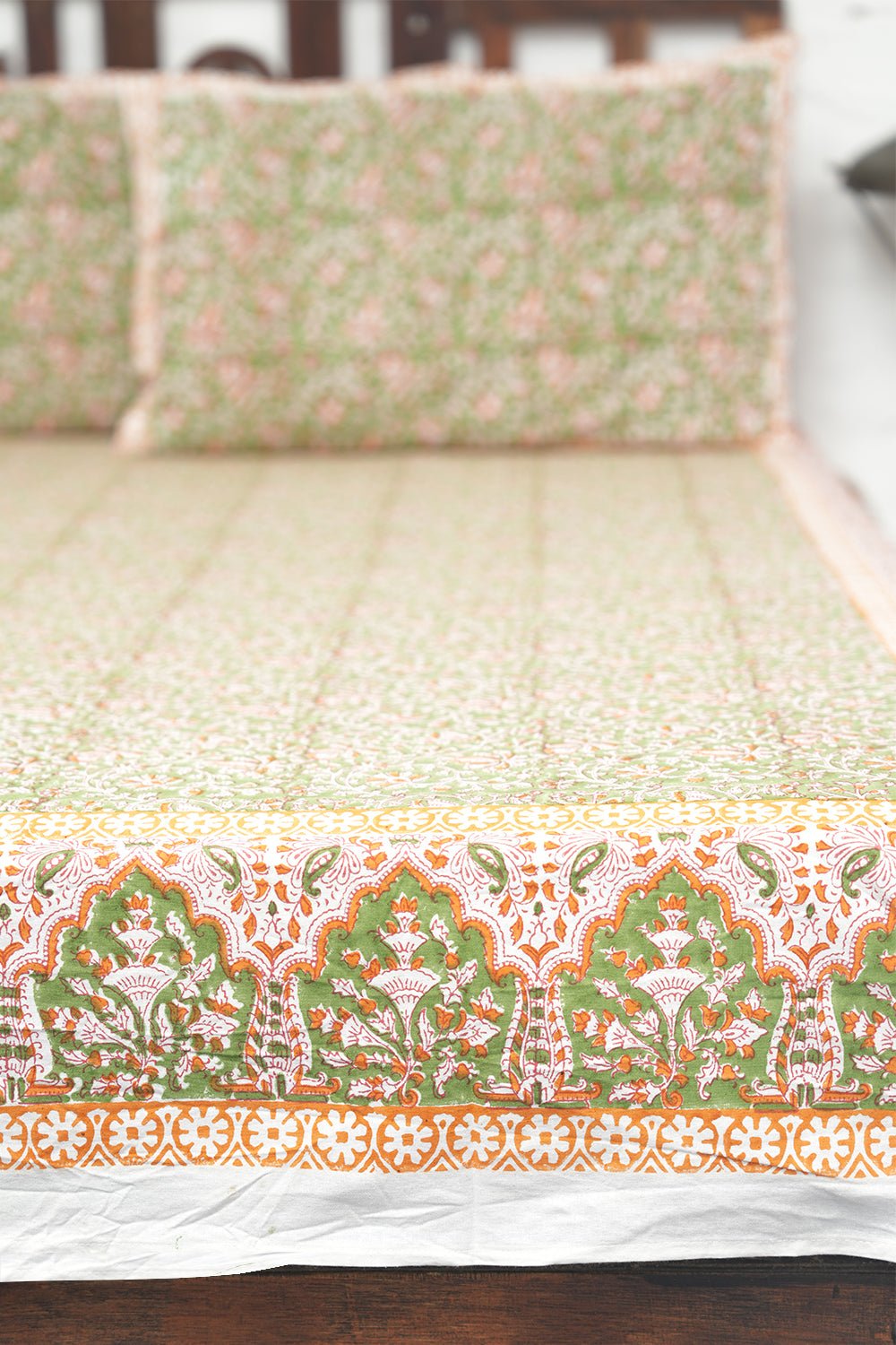 Papaya Meadowland Hand-Block Printed Bedsheet - SootiSyahi