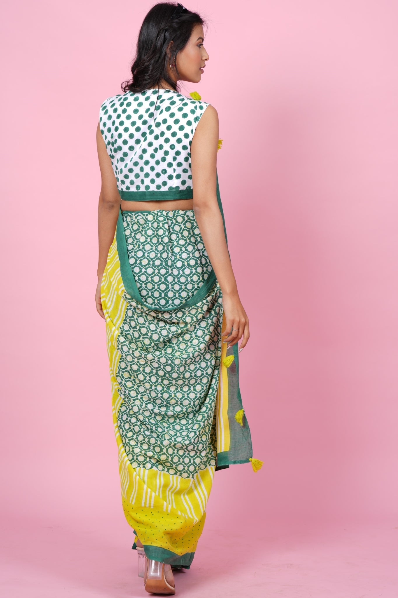 "Paradise Green" HANDBLOCK PRINT MUL COTTON SAREE - SootiSyahi