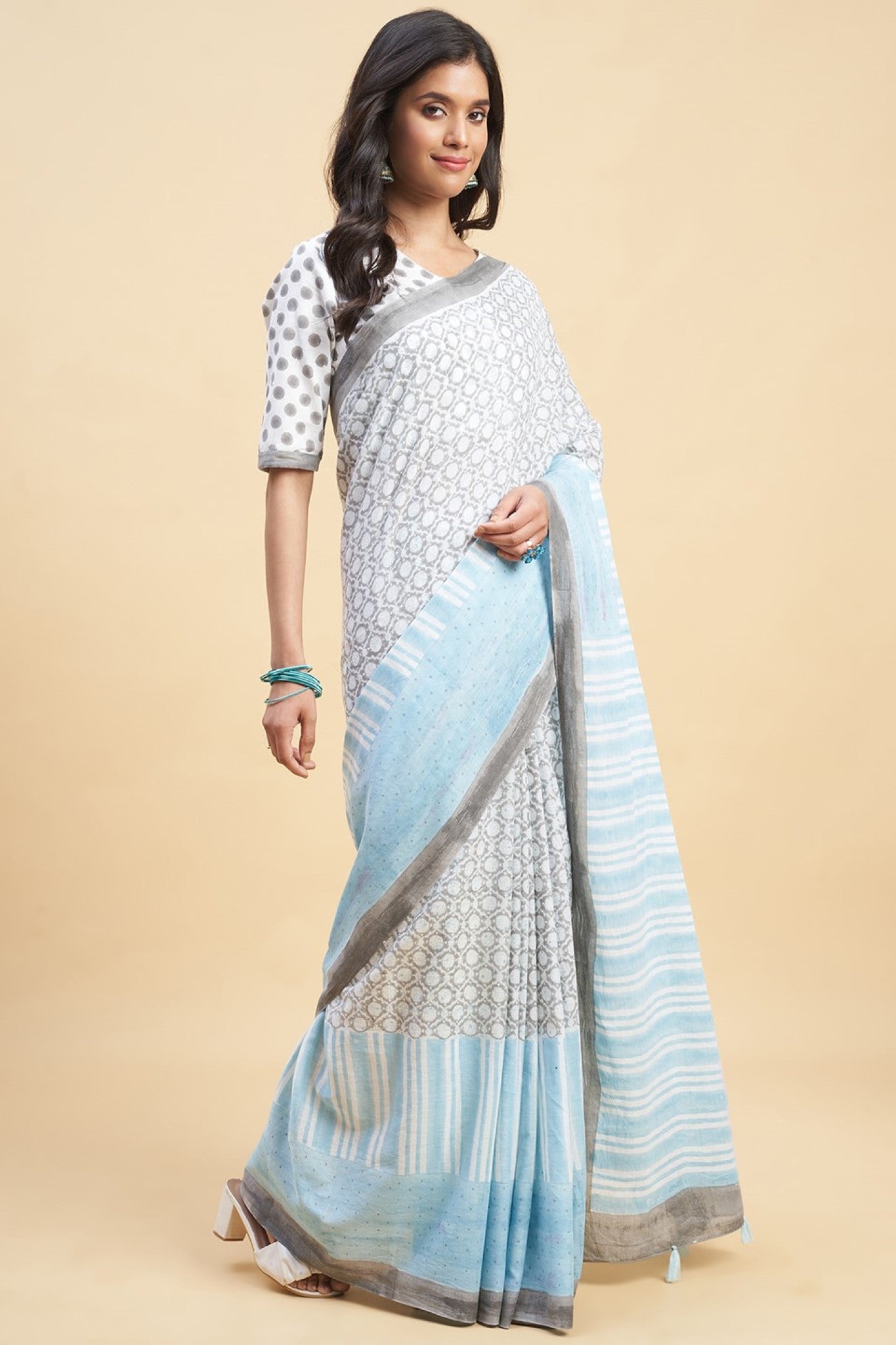 "Paradise Sky Blue" HANDBLOCK PRINT MUL COTTON SAREE - SootiSyahi