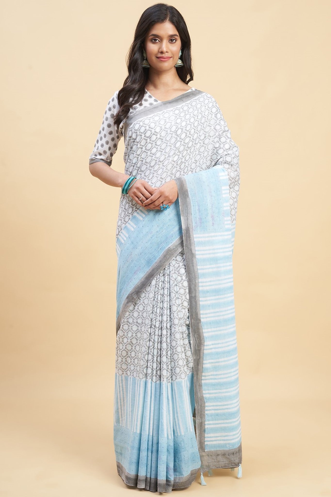 "Paradise Sky Blue" HANDBLOCK PRINT MUL COTTON SAREE - SootiSyahi