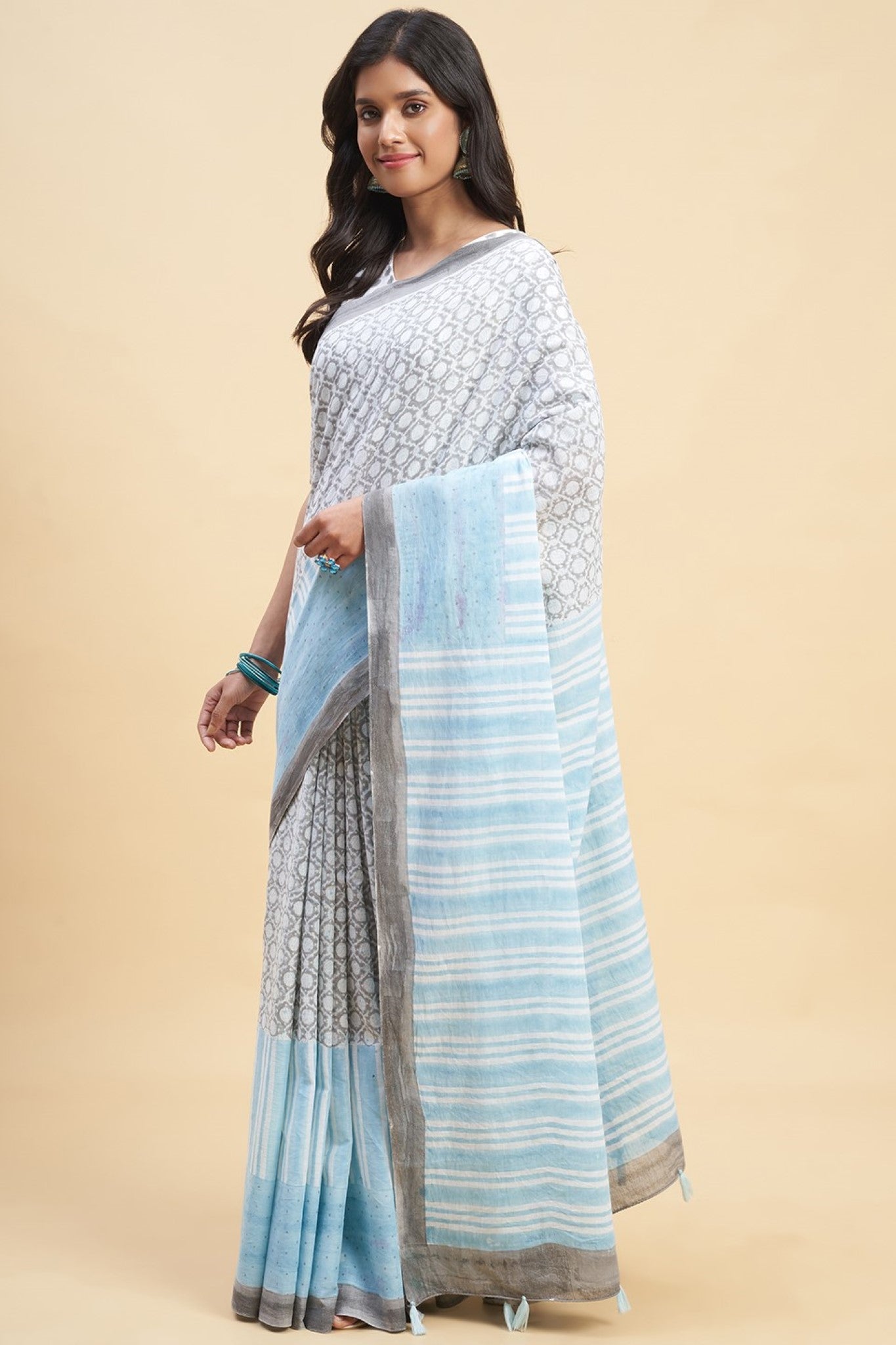 "Paradise Sky Blue" HANDBLOCK PRINT MUL COTTON SAREE - SootiSyahi