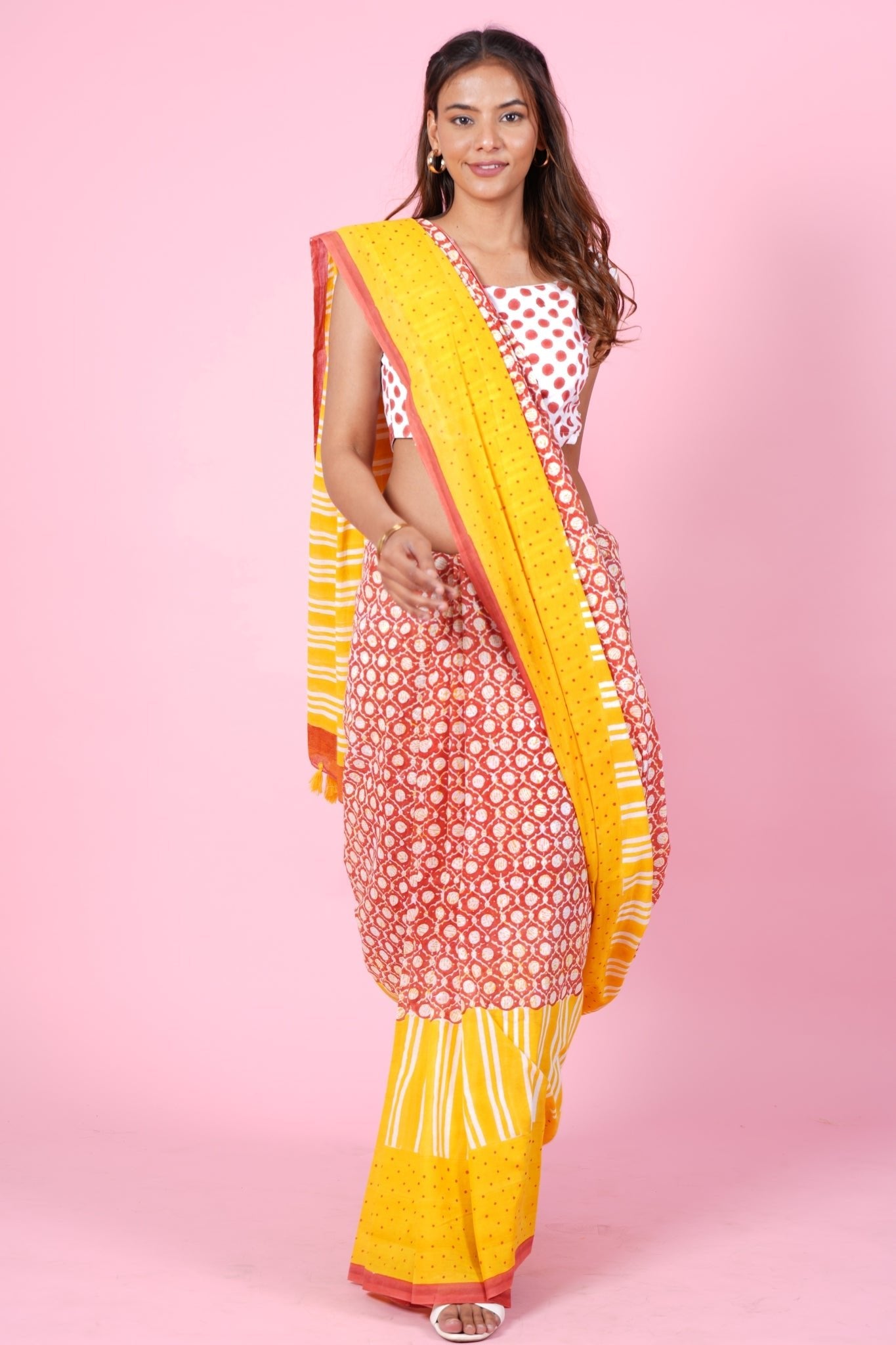 "Paradise Yellow" HANDBLOCK PRINT MUL COTTON SAREE - SootiSyahi