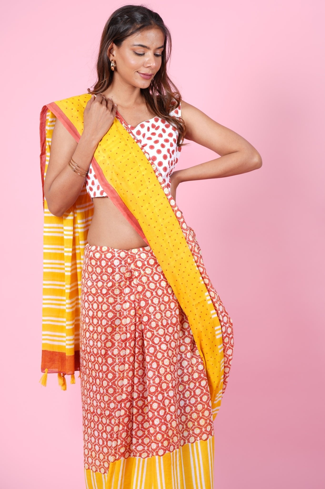 "Paradise Yellow" HANDBLOCK PRINT MUL COTTON SAREE - SootiSyahi