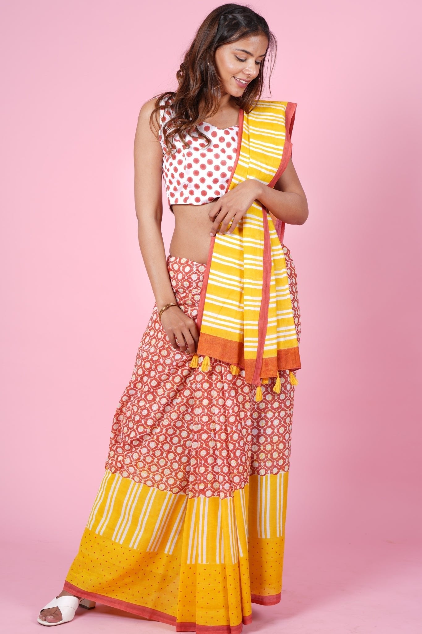 "Paradise Yellow" HANDBLOCK PRINT MUL COTTON SAREE - SootiSyahi