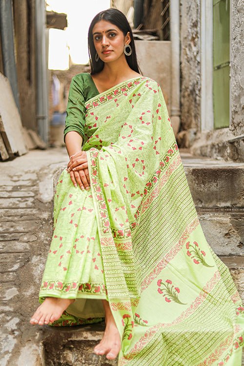 "PERSEVERANCE" HANDBLOCK PRINTED MUL COTTON SAREE - SootiSyahi