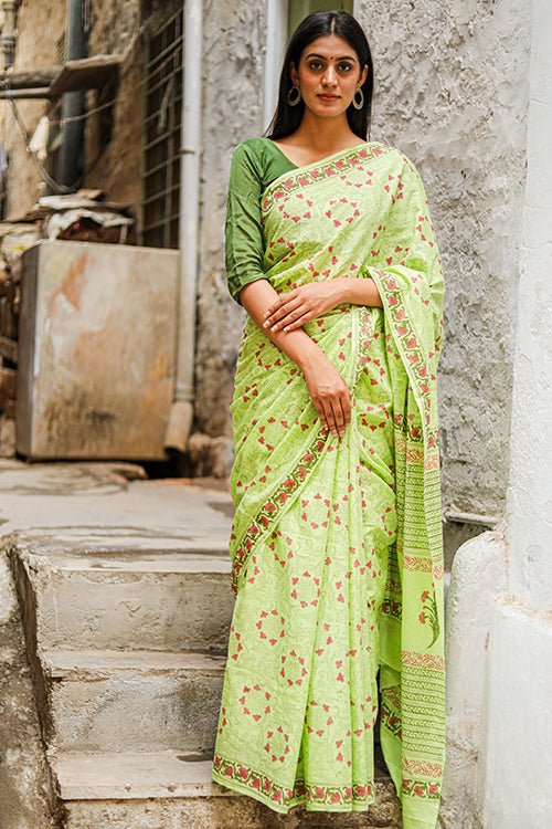 "PERSEVERANCE" HANDBLOCK PRINTED MUL COTTON SAREE - SootiSyahi
