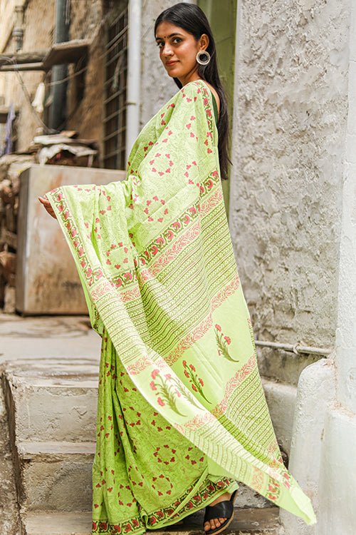 "PERSEVERANCE" HANDBLOCK PRINTED MUL COTTON SAREE - SootiSyahi