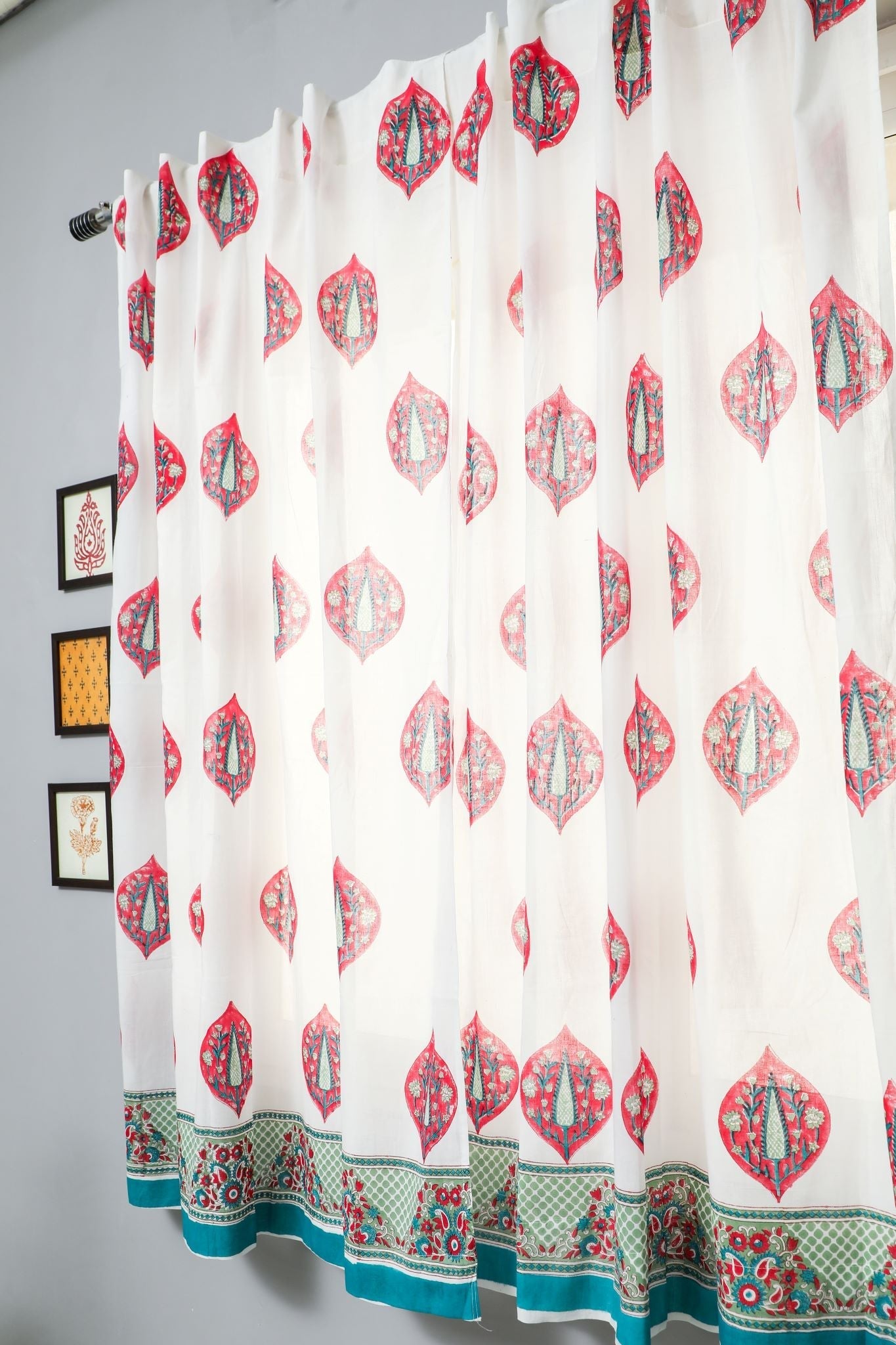 'Persian Palm' Handblock Printed Cotton Window Curtain - SootiSyahi