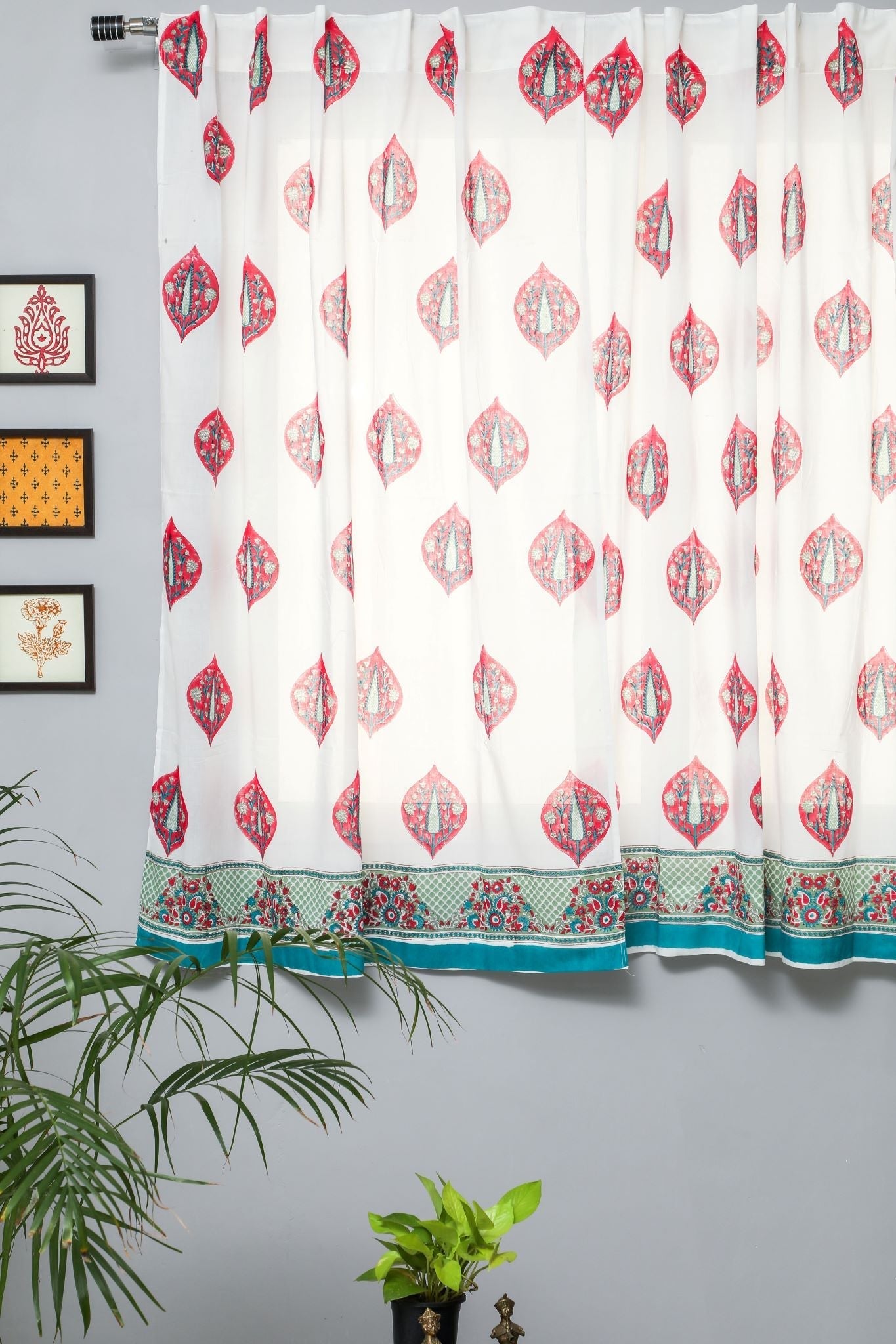 'Persian Palm' Handblock Printed Cotton Window Curtain - SootiSyahi