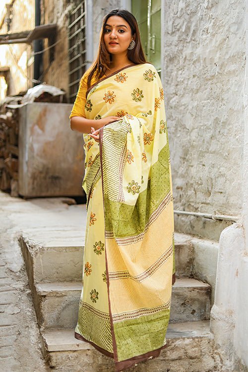 "PERSISTENCE" HANDBLOCK PRINT MUL COTTON SAREE - SootiSyahi