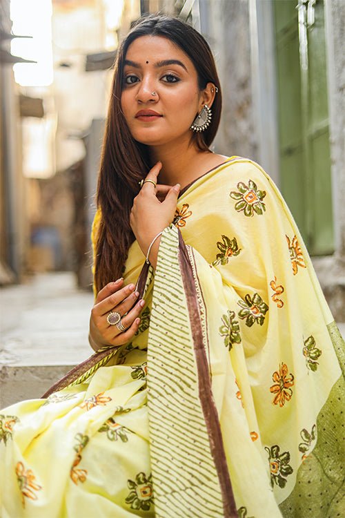 "PERSISTENCE" HANDBLOCK PRINT MUL COTTON SAREE - SootiSyahi