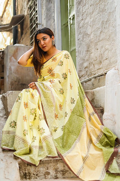 "PERSISTENCE" HANDBLOCK PRINT MUL COTTON SAREE - SootiSyahi