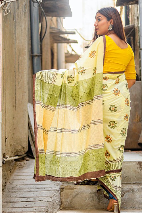 "PERSISTENCE" HANDBLOCK PRINT MUL COTTON SAREE - SootiSyahi