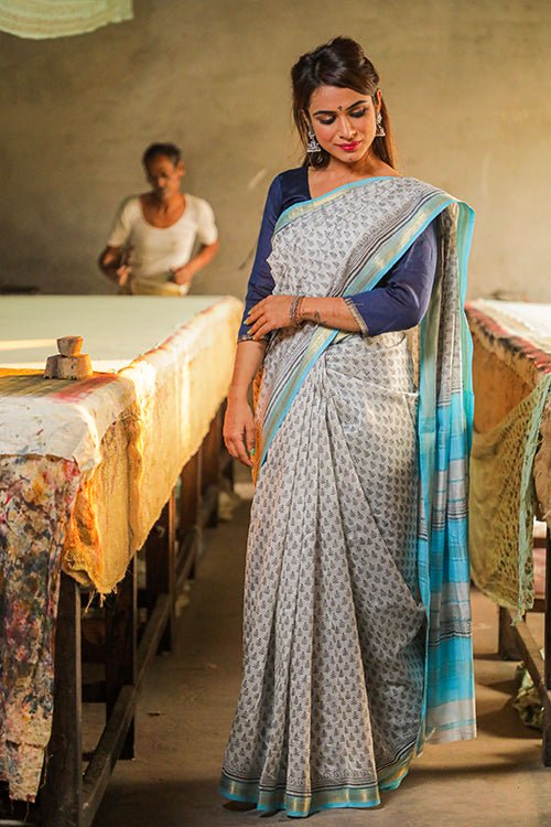 Pigment Handblock Print Maheshwari Silk Saree - SootiSyahi