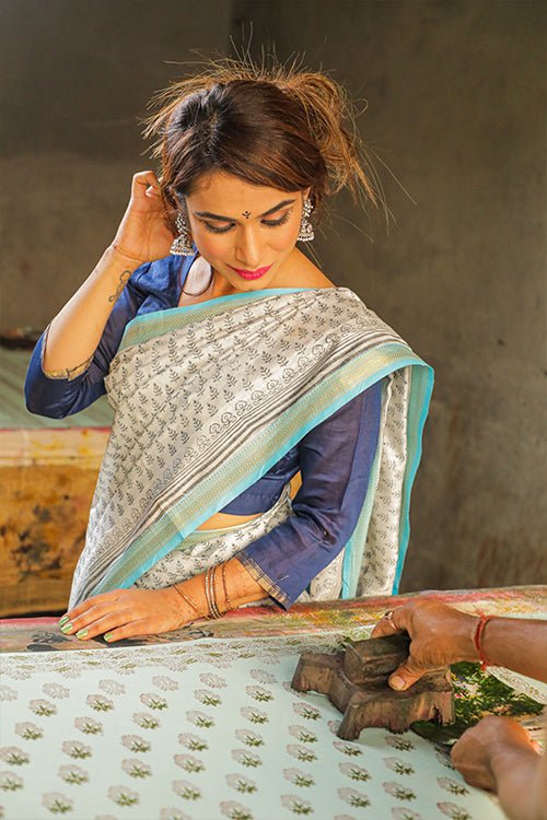 Pigment Handblock Print Maheshwari Silk Saree - SootiSyahi