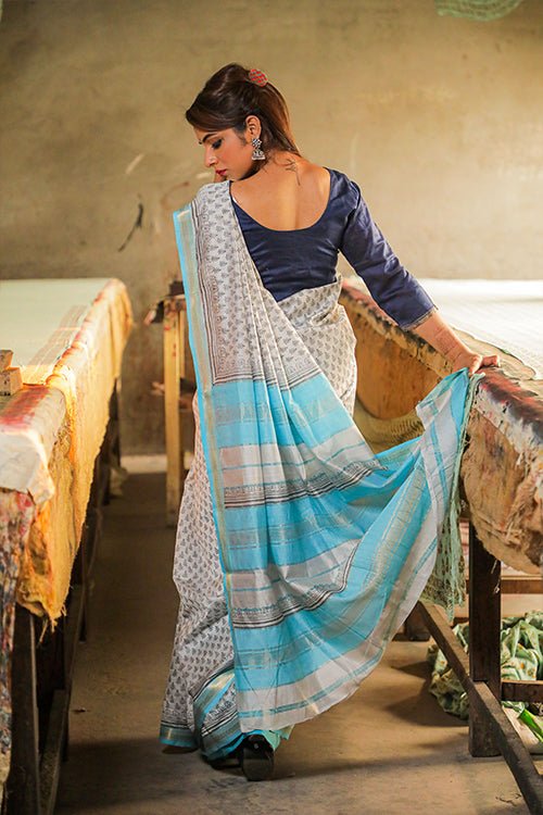 Pigment Handblock Print Maheshwari Silk Saree - SootiSyahi