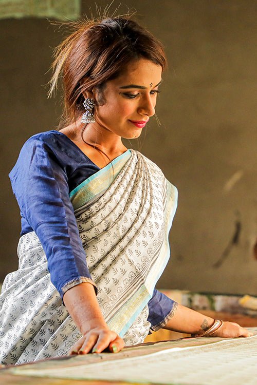 Pigment Handblock Print Maheshwari Silk Saree - SootiSyahi