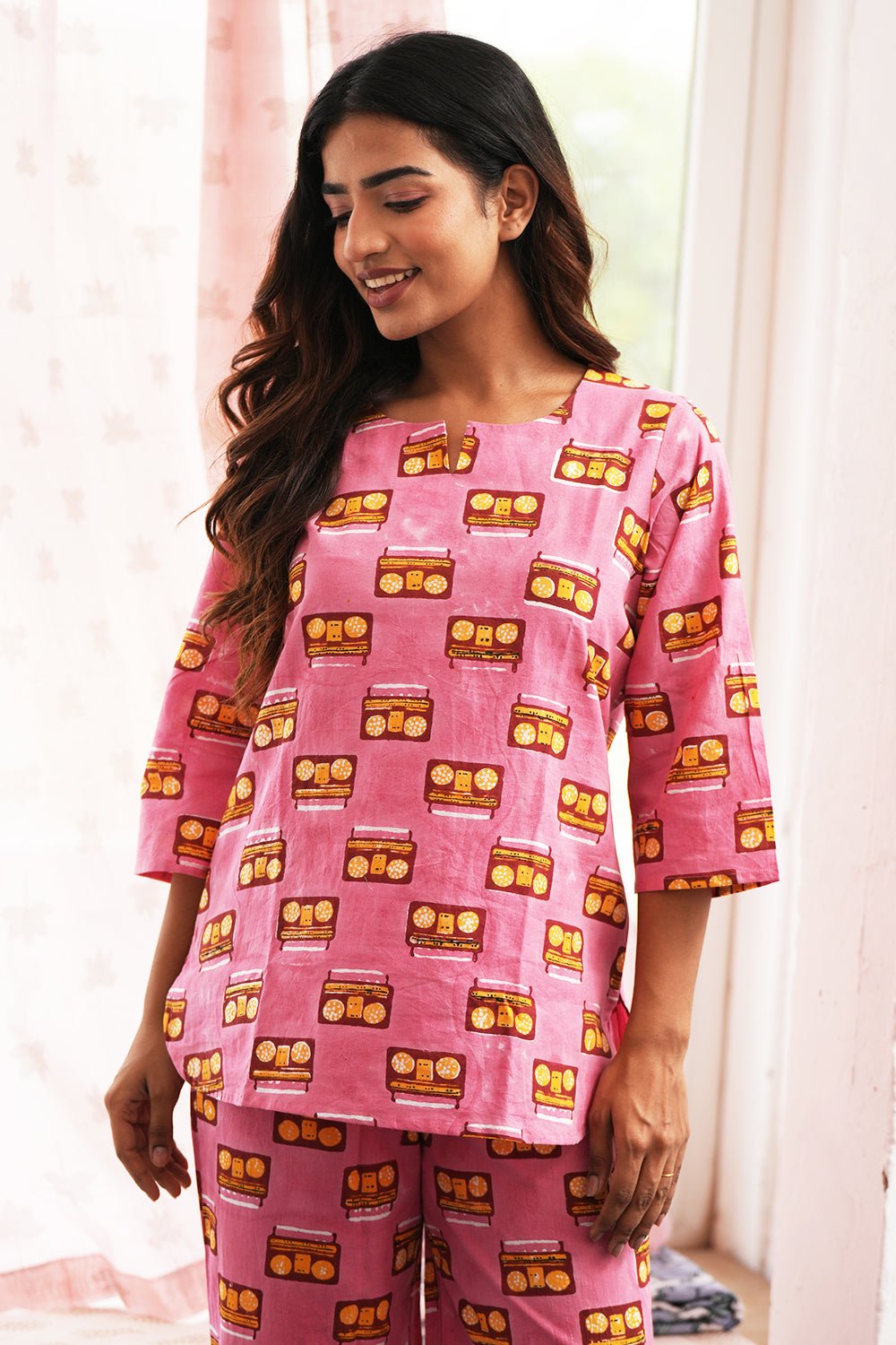Pink Melodies Block Printed Night suit - SootiSyahi