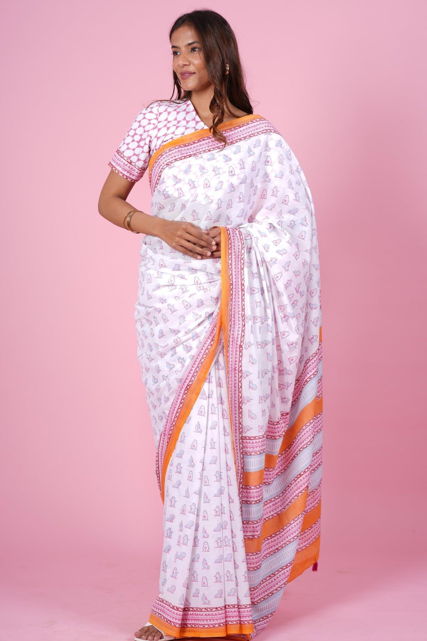"Pink Penguins'' Block Printed Cotton Saree - SootiSyahi