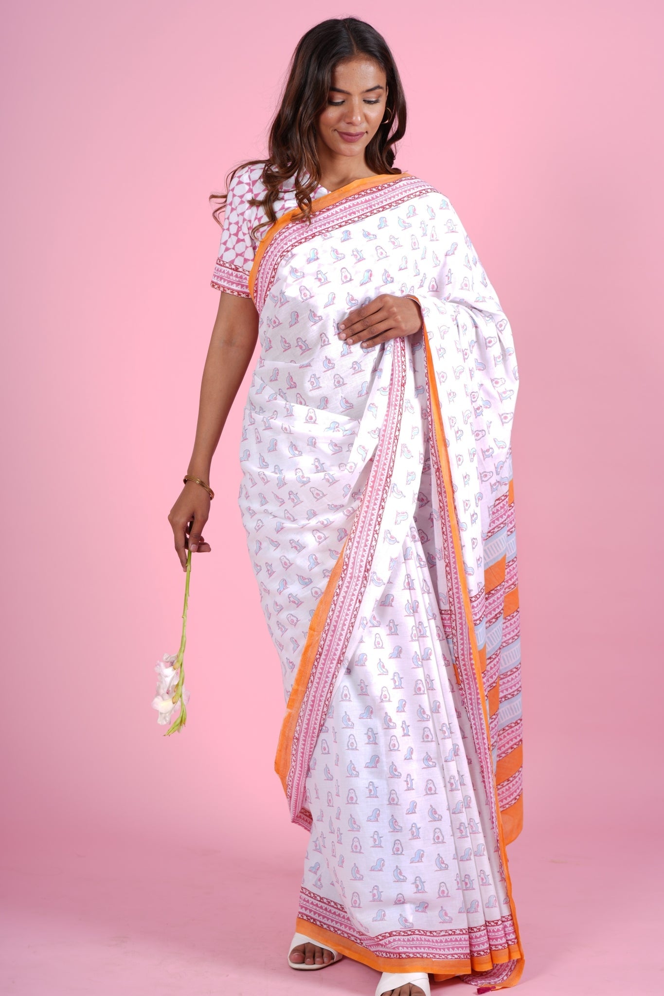 "Pink Penguins'' Block Printed Cotton Saree - SootiSyahi