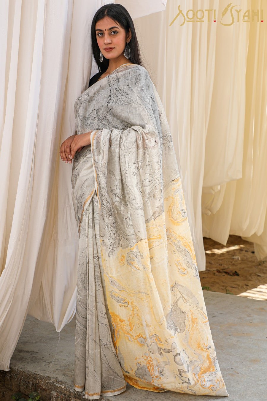 "POISE" HAND MARBLE PRINT CHANDERI SILK SAREE - SootiSyahi