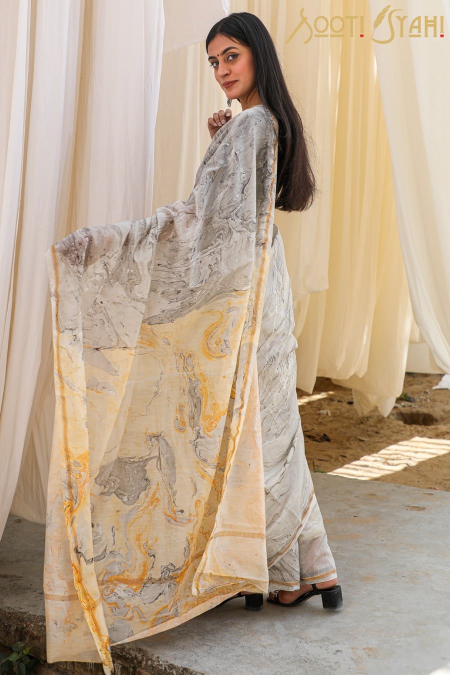 "POISE" HAND MARBLE PRINT CHANDERI SILK SAREE - SootiSyahi