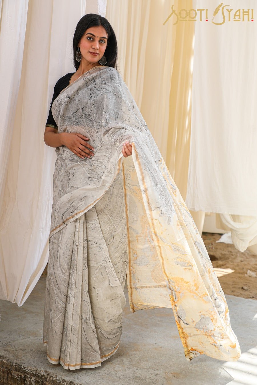 "POISE" HAND MARBLE PRINT CHANDERI SILK SAREE - SootiSyahi