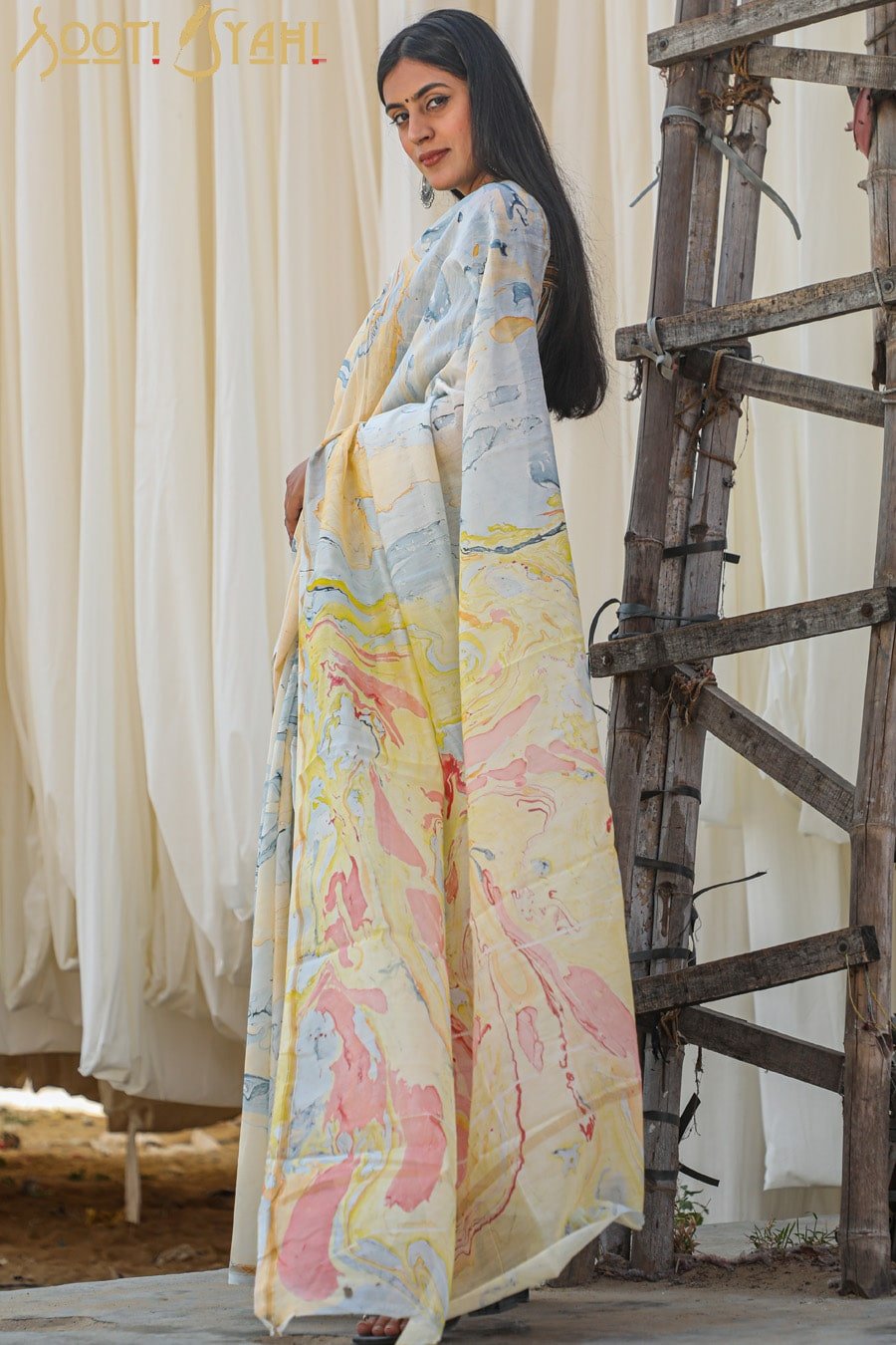 "RAINBOW" HAND MARBLE PRINT CHANDERI SILK SAREE - SootiSyahi