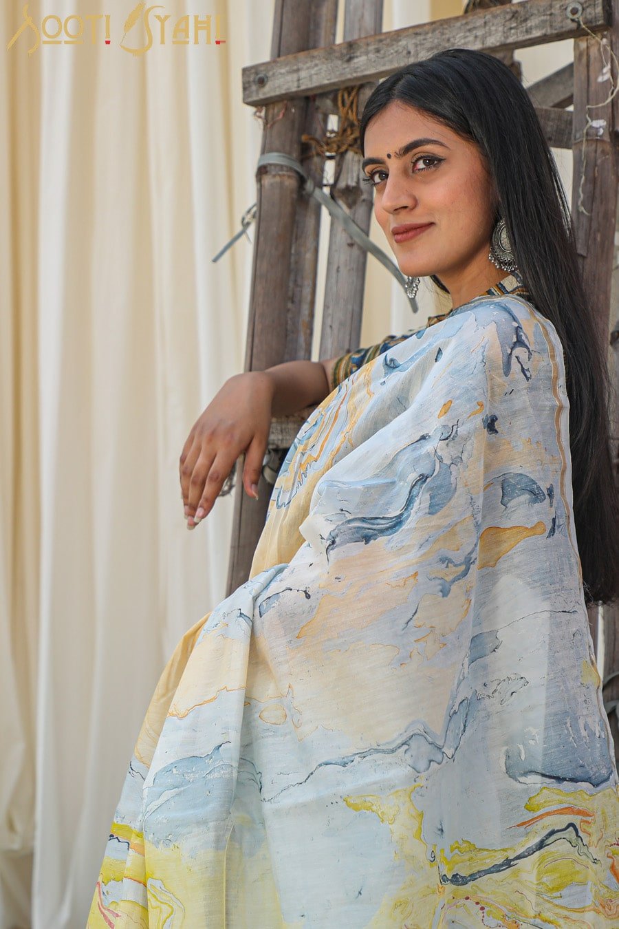 "RAINBOW" HAND MARBLE PRINT CHANDERI SILK SAREE - SootiSyahi