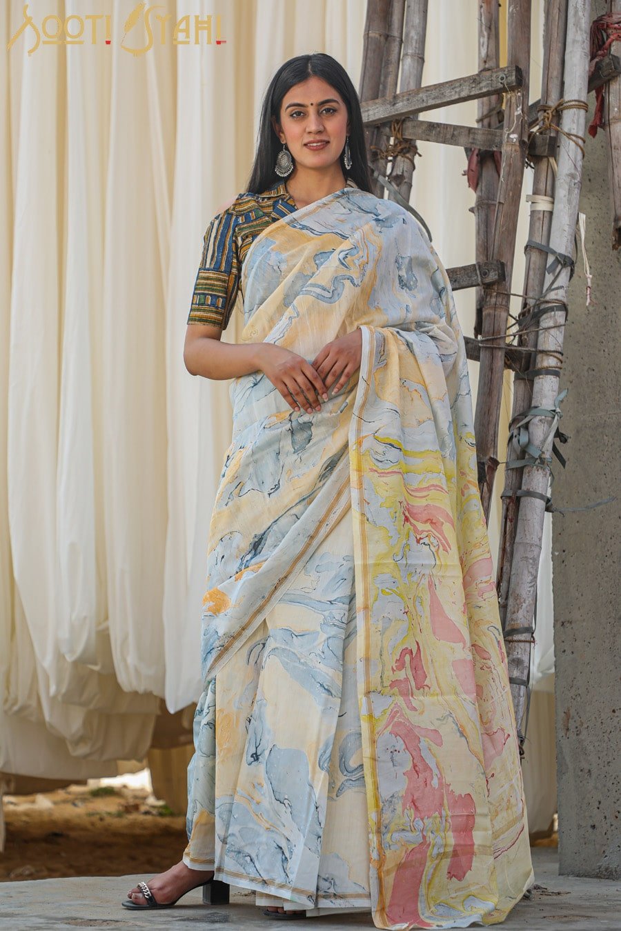 "RAINBOW" HAND MARBLE PRINT CHANDERI SILK SAREE - SootiSyahi