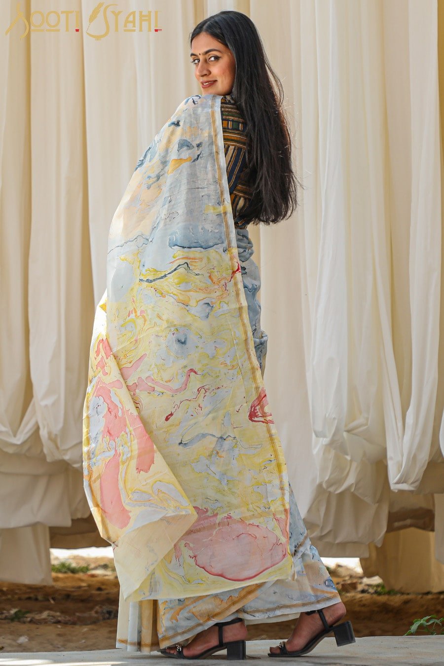 "RAINBOW" HAND MARBLE PRINT CHANDERI SILK SAREE - SootiSyahi