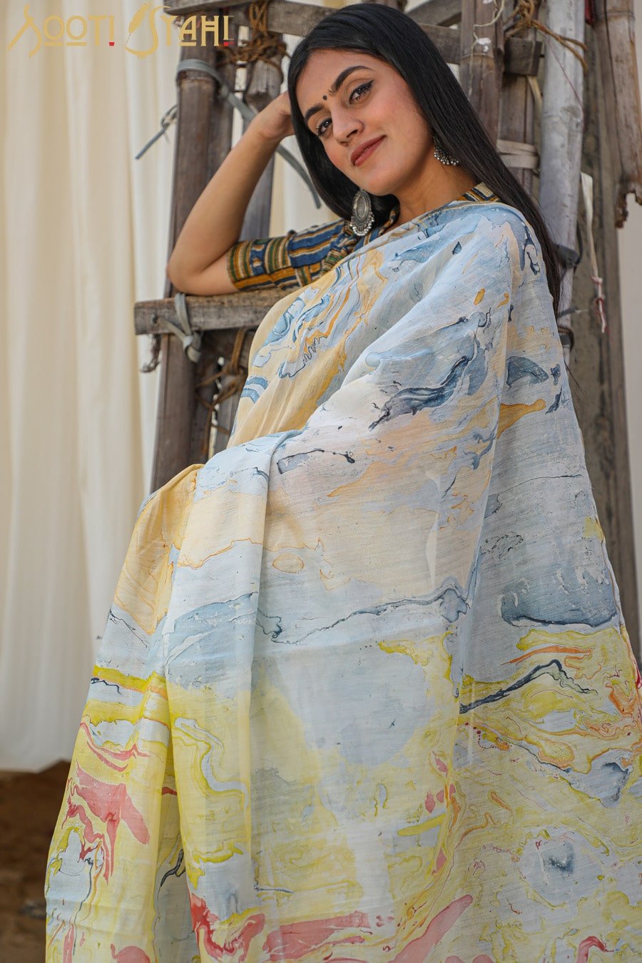 "RAINBOW" HAND MARBLE PRINT CHANDERI SILK SAREE - SootiSyahi