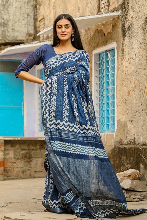 "RAPTURE" INDIGO HANDBLOCK PRINT SLUB COTTON SAREE - SootiSyahi