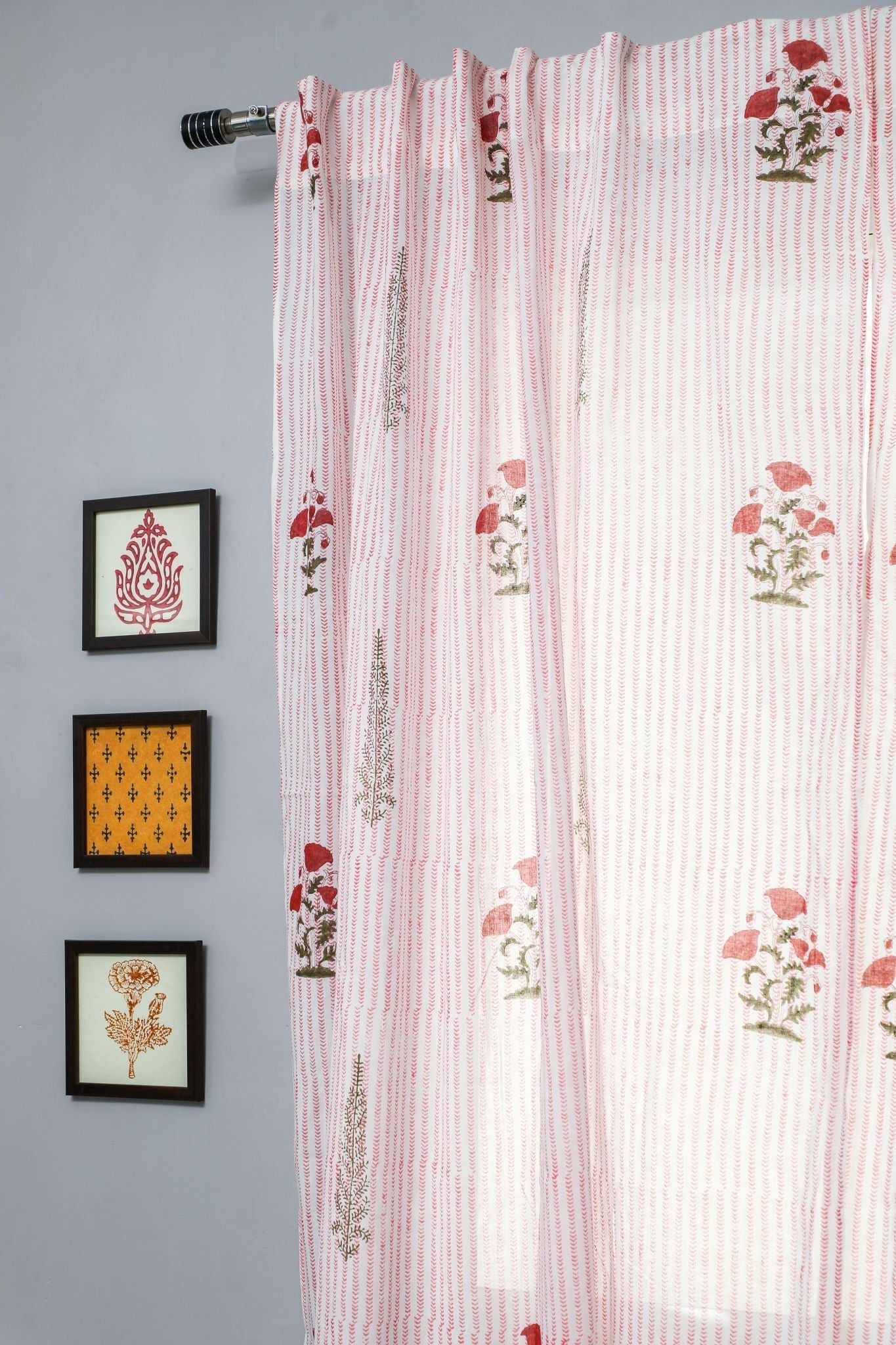 'Red Retreat' Handblock Printed Cotton Window Curtain - SootiSyahi