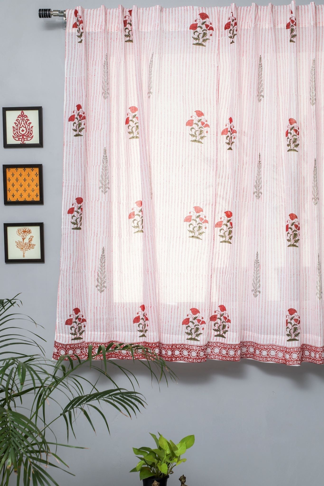 'Red Retreat' Handblock Printed Cotton Window Curtain - SootiSyahi